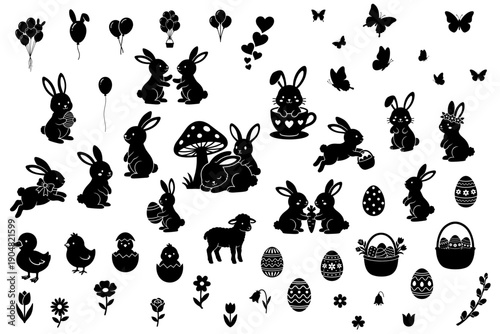 Cute Easter silhouette vector clipart set with bunnies eggs baskets chicks flowers and party balloons for kids nursery design