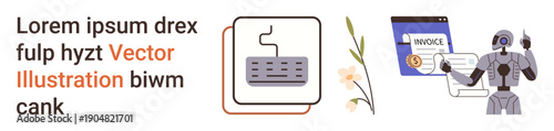 Business automation, AI technology, robotic accounting, fintech, invoicing systems, workflow optimization. A robot managing invoices with a keyboard and floral motif. Business automation and AI