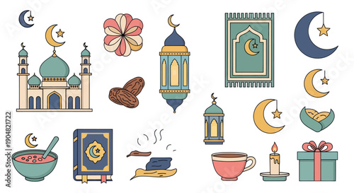 Ramadan Islamic Icons Set: Mosque, Quran, Lanterns, Dates, Moon, Stars, Candle, Gift