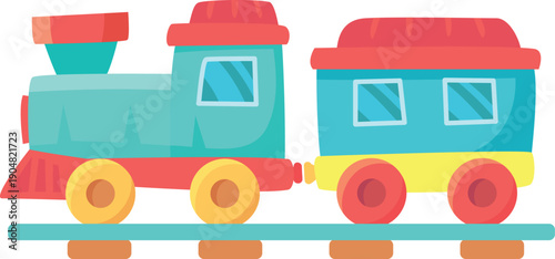 Cartoon illustration of a toy train engine pulling a passenger carriage, showcasing vibrant colors and a playful design