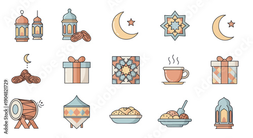 Ramadan Icons Set: Moon, Star, Lanterns, Dates, Drum, Gifts, Food - Flat Design