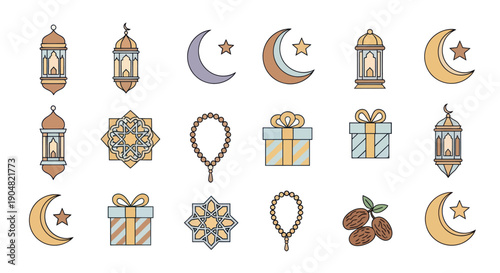 Ramadan Islamic Icons Set: Lanterns, Moon, Star, Rosary, Gifts, Geometric Patterns