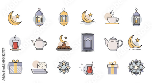 Islamic Icons Set: Moon, Lanterns, Tea, Dates, Prayer Mat, Gift Box