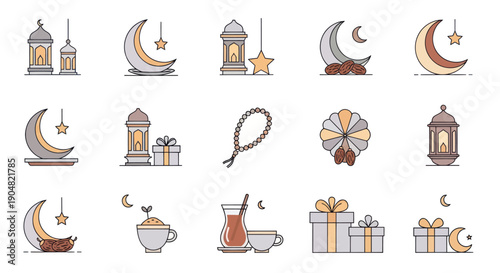 Ramadan Icons: Crescent Moon, Lanterns, Gifts, Prayer Beads, Dates, Tea