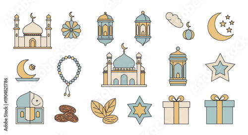 Islamic Elements Collection: Mosques, Lanterns, Moon, Stars, Dates, Prayer Beads, Gift Boxes