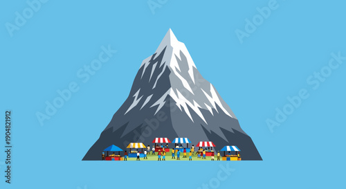 Illustration of a vibrant local market festival with colorful stalls and community gathering at the base of a majestic snow-capped mountain peak