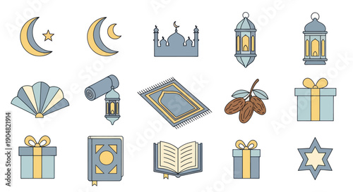 Ramadan Icons Set - Moon, Mosque, Lanterns, Dates, Gifts, Quran, Prayer Mat, Star