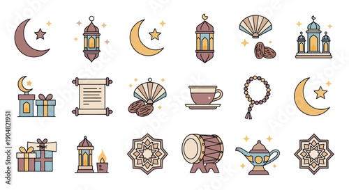 Ramadan Icons Set: Moon, Star, Lanterns, Gifts, Mosque, Dates, Scroll, Tea, Rosary, Drum, Lamp