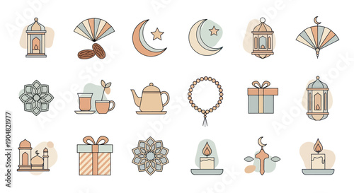 Ramadan Islamic Icons Set: Lanterns, Moon, Stars, Dates, Tea, Gifts, Prayer Beads, Mosque