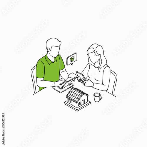 Couple discussing solar energy solutions for their home, with a solar panel model and eco-friendly icon on a tablet.