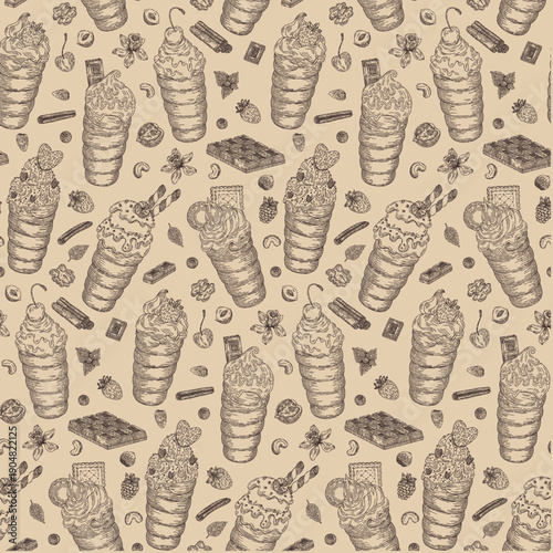 Seamless pattern with hand drawn trdelnik and chimney cakes. Traditional Czech sweet pastry with cinnamon and sugar in vintage sketch style. Background for bakery and cafe.