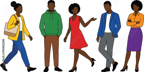 Diverse Group of Black Professionals and Business People Standing Together in Modern Fashion Outfits, Flat Style Vector Illustration