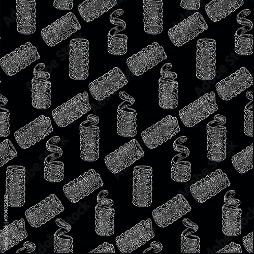 Seamless pattern with hand drawn trdelnik and chimney cakes. Traditional Czech sweet pastry with cinnamon and sugar in vintage sketch style. Background for bakery and cafe.