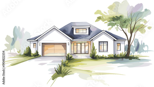 Modern suburban house illustration, watercolor architectural design, white home with garage, gabled roof, trees, landscaping, real estate marketing art