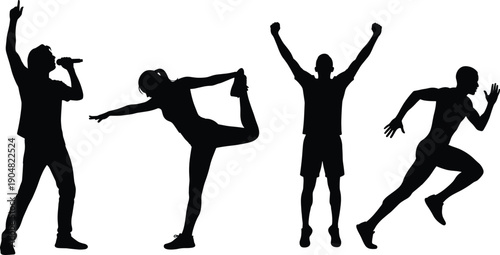 Silhouette illustration of human activities, singer performing, dancer stretching, celebratory pose, athlete sprinting, black and white art design