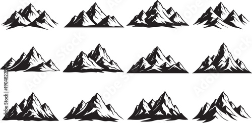 Collection of twelve stylized black and white mountain range vector illustrations