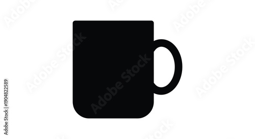A minimalist black silhouette depicts a simple coffee mug viewed from a slight angle showcasing its handle