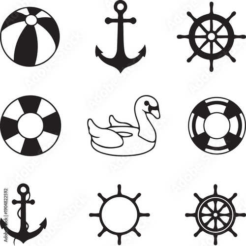 Nautical and beach themed black silhouette icons on a white background ocean maritime