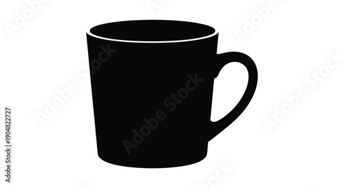 A simple silhouetted image depicts a dark colored ceramic mug with a handle isolated on white high quality professional