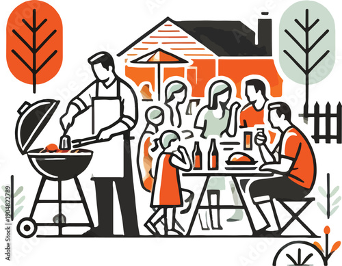 Family barbecue party outdoors with food and drinks Keywords: barbecue, bbq, grill, party