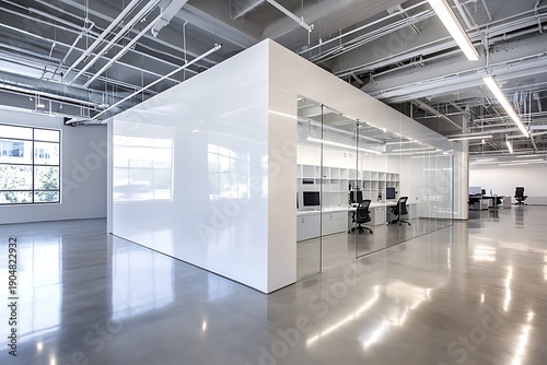 Wallpaper Mural Bright modern office space with glass partitions, white walls, and concrete floors featuring open ceiling Torontodigital.ca
