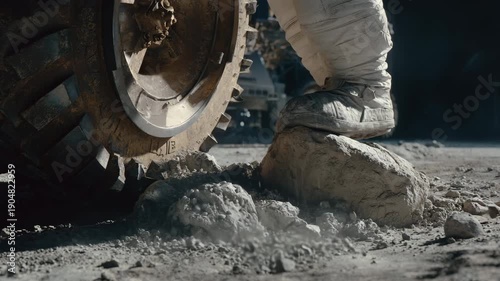 4K Astronauts boot stepping on a rock on the moons surface, with a lunar rover wheel nearby, symbolizing space exploration and discovery video