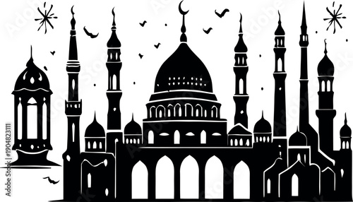 Vector silhouette illustration of the Masjid Un Nababi architecture and landmark design
