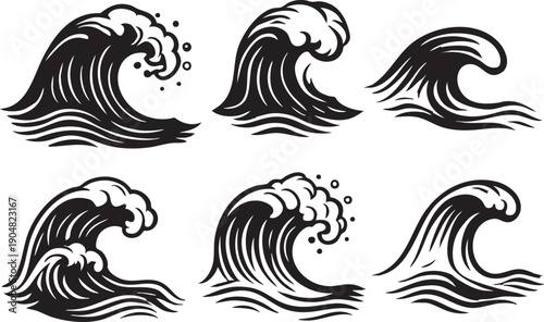 Ocean Waves Collection with Powerful Sea Storm Wave Isolated on White Background, Dramatic Water Splash and Motion, High Energy Marine Nature Concept for Design and Advertising