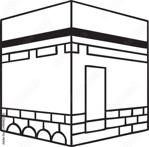 Kaaba Line Icon Illustration in Black and White, Minimal Islamic Holy Site Symbol