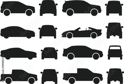 Car silhouette icon set collection showing different vehicle types and views, automobile transport illustration isolated white background modern design