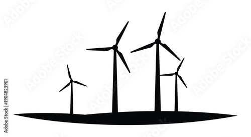 A minimalist black and white illustration depicts four wind turbines standing on a dark undefined landscape high quality