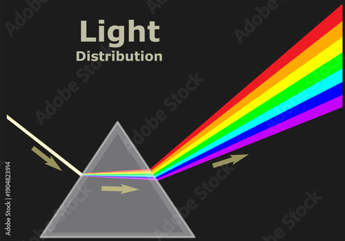 Distribution of light. Dispersion of white light to colors in the prism. Formation of the rainbow. Triangular, transparent glass pyramid. Ray with arrows. Dark , black background. Illustration vector