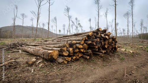 Fotografija A massive stack of freshly cut tree trunks and logs lies in a cleared forest zone under a cloudy sky