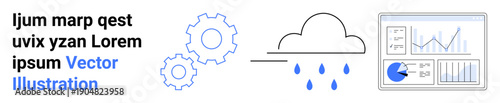 Cloud, rain droplets, gears symbolizing processing, and analytics dashboard with charts. Ideal for weather analysis, data processing, cloud technology, innovation, environment AI simple landing