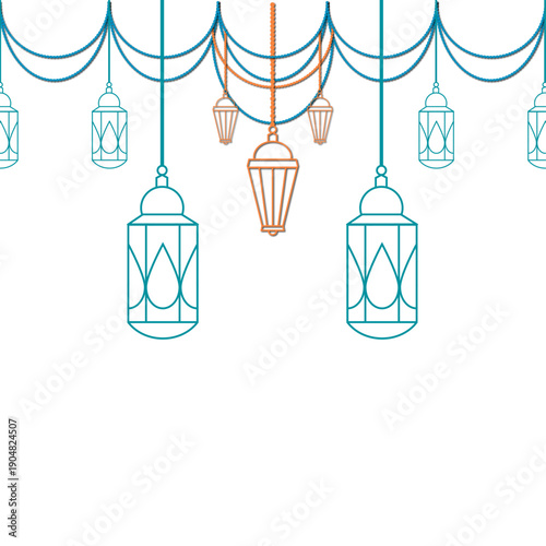 Arabic Traditional Ramadan Kareem Lantern Garland with Hanging Islamic Fanous Lights Minimal Line Art Muslim Decoration Vector