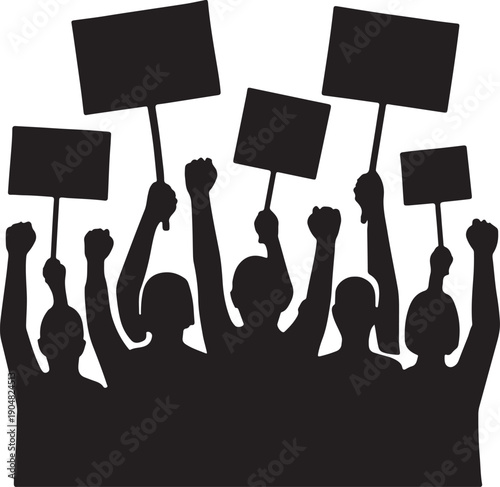 Silhouette vector of protest crowd holding blank placards, global human rights concept