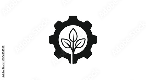 A black and white image depicts a gear incorporating a plant sprout symbolizing eco friendly technology and sustainable engineering