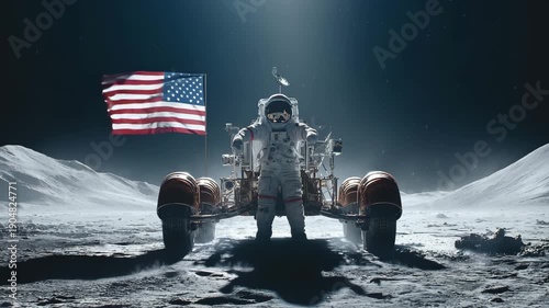 4K Astronaut on the moon with american flag and lunar rover, symbolizing space exploration, discovery, and human achievement in the cosmos video
