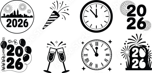 New Year 2026 celebration icon set, clocks fireworks champagne party symbols, countdown midnight illustration isolated white background festive design collection