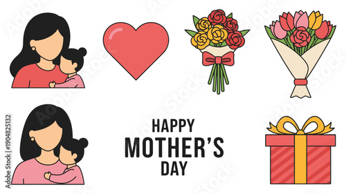 Illustrations celebrating motherhood and love on mother’s day with heartfelt symbols.