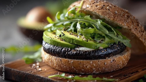 Delicious gourmet burger featuring avocado slices fresh arugula and sesame seed bun on a rustic wooden board macro food photography