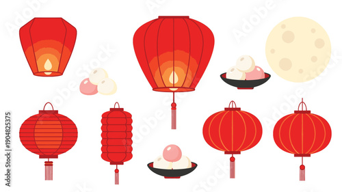 Traditional red lanterns and festive moon cakes for an asian celebration display