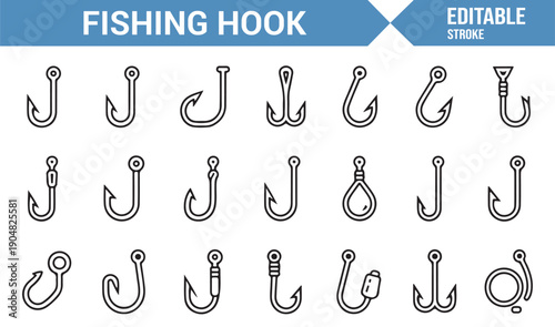 Angling Equipment Fishing Hook Icon Set