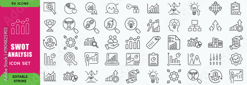 SWOT analysis icon set. Meaning strengths, weaknesses, opportunities, and threats. Containing advantage, disadvantage, strategy, consulting, identify, project. Outline icons vector collectionWeb