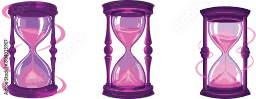Three stylized hourglass vector illustration set representing time measurement and countdown concept.