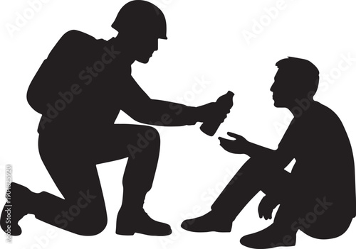 Silhouette of soldier giving water to civilian