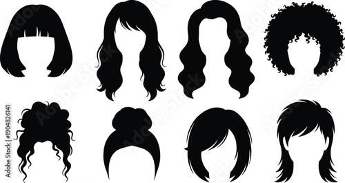 Black female hairstyle silhouette collection featuring short long curly wavy hair buns ponytails fashion beauty icons isolated on white