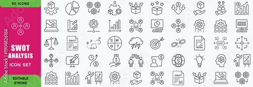 SWOT analysis icon set. Meaning strengths, weaknesses, opportunities, and threats. Containing advantage, disadvantage, strategy, consulting, identify, project. Outline icons vector collectionWeb