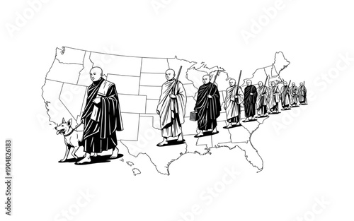 Buddhist Monks Aloka Dog USA Map Line Art Vector Illustration Spiritual Journey Outline