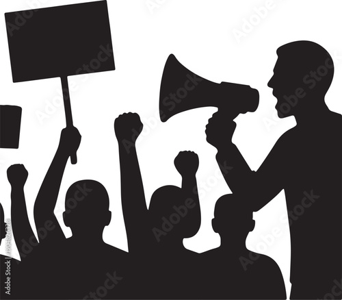 Silhouette of protest crowd with megaphone leader